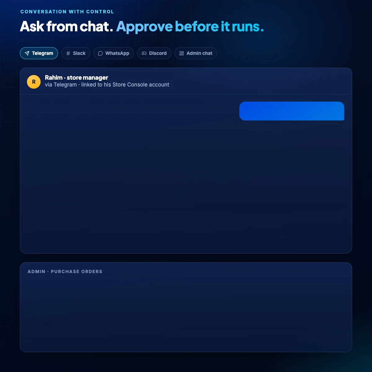 An AI request drafts purchase orders and waits for a manager to approve before anything is saved