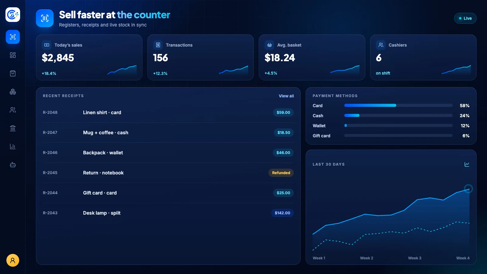 Store Console point of sale ringing up sales with live stock and receipts
